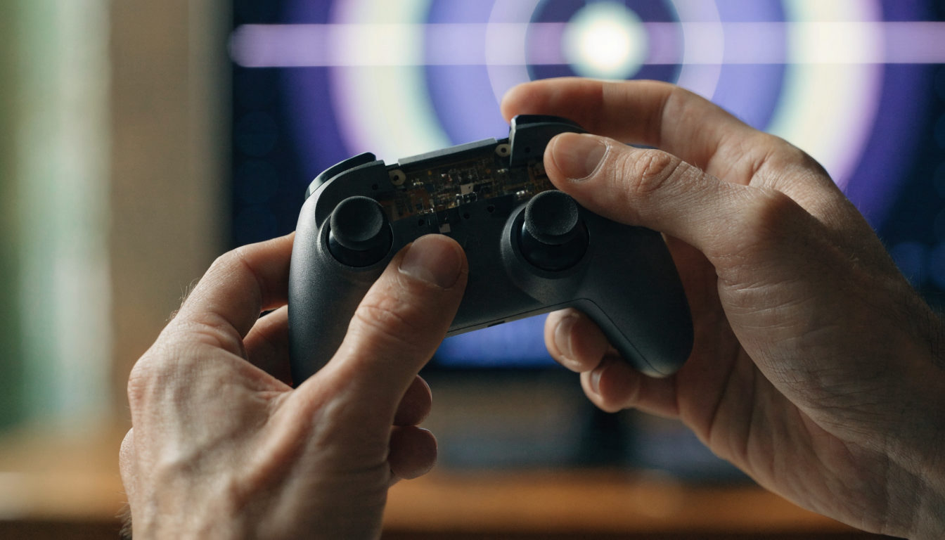 Hände halten einen geöffneten Controller, im Hintergrund ein Bildschirm mit einem Kalibrier-Testbild