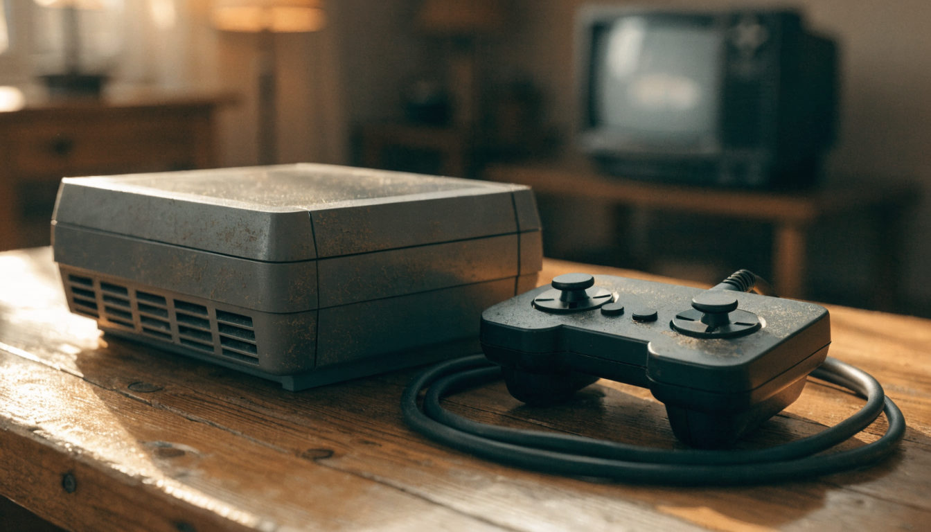 Vintage-Spielkonsole mit Controller auf einem Holztisch vor einem Röhrenfernseher