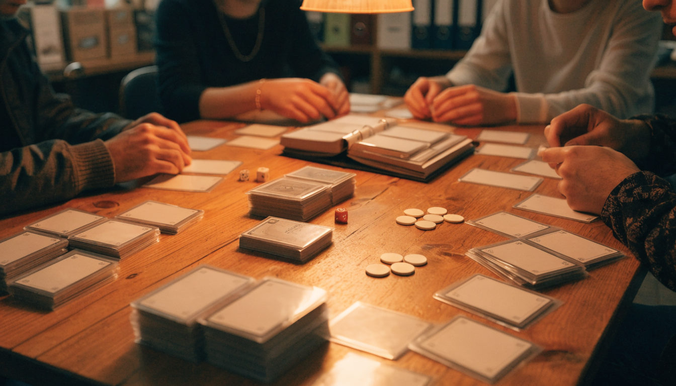 Vier Spieler am Tisch mit Kartenstapeln, Sleeves und Würfeln bei einer entspannten Commander-Runde