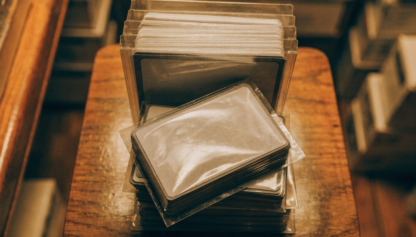 Sortierte Trading-Card-Sammlung in klaren Sleeves auf einem Holztisch unter warmem Licht