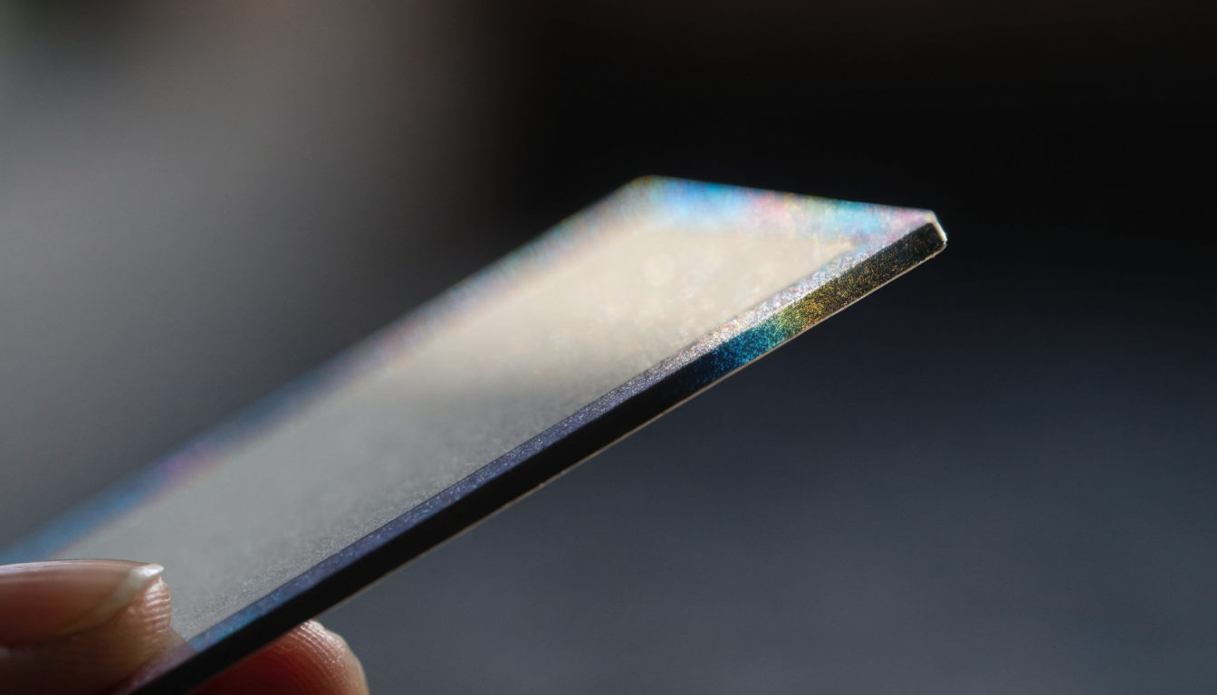 Eine Sammelkarte mit Rückseite nach oben, leicht angekippt im Streiflicht, sodass der holografische Glanz sichtbar wird