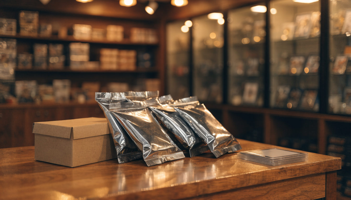 Mehrere versiegelte Sammelkarten-Boosterpacks und eine Aufbewahrungsbox aus Pappe auf einer Ladentheke aus Holz, warmes Licht