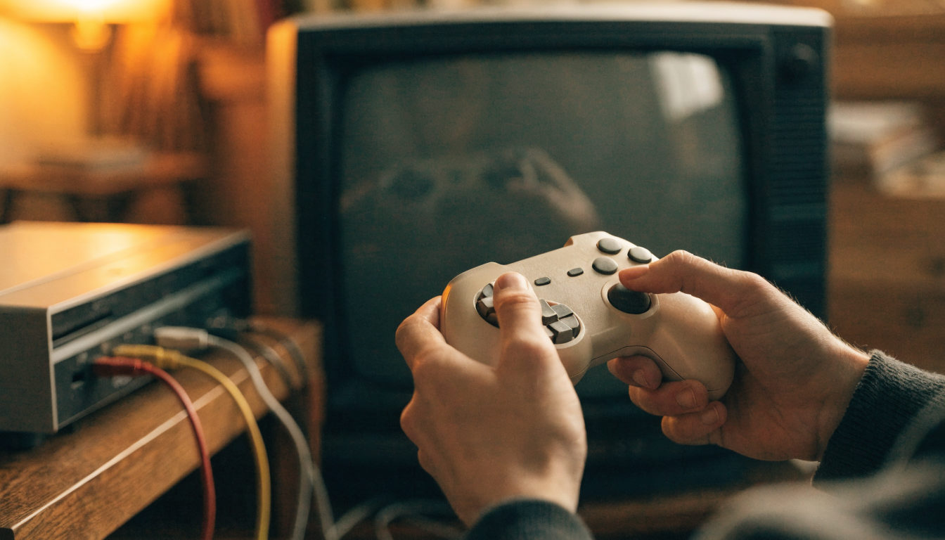 Anonyme Vintage-Konsole an einem Röhrenfernseher mit Controller in der Hand, warmes Licht