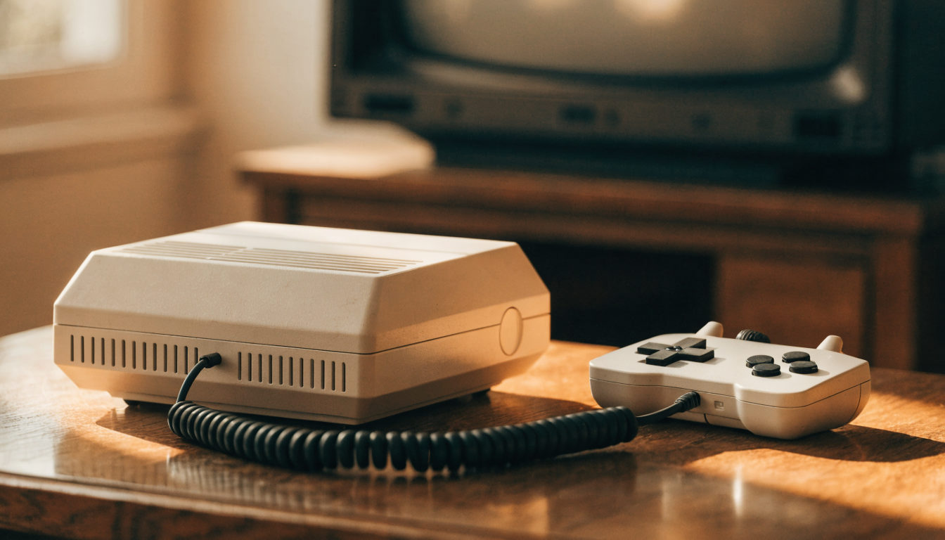 Ungebrandete Vintage-Spielkonsole mit Controller auf einem Holztisch unter warmem Licht