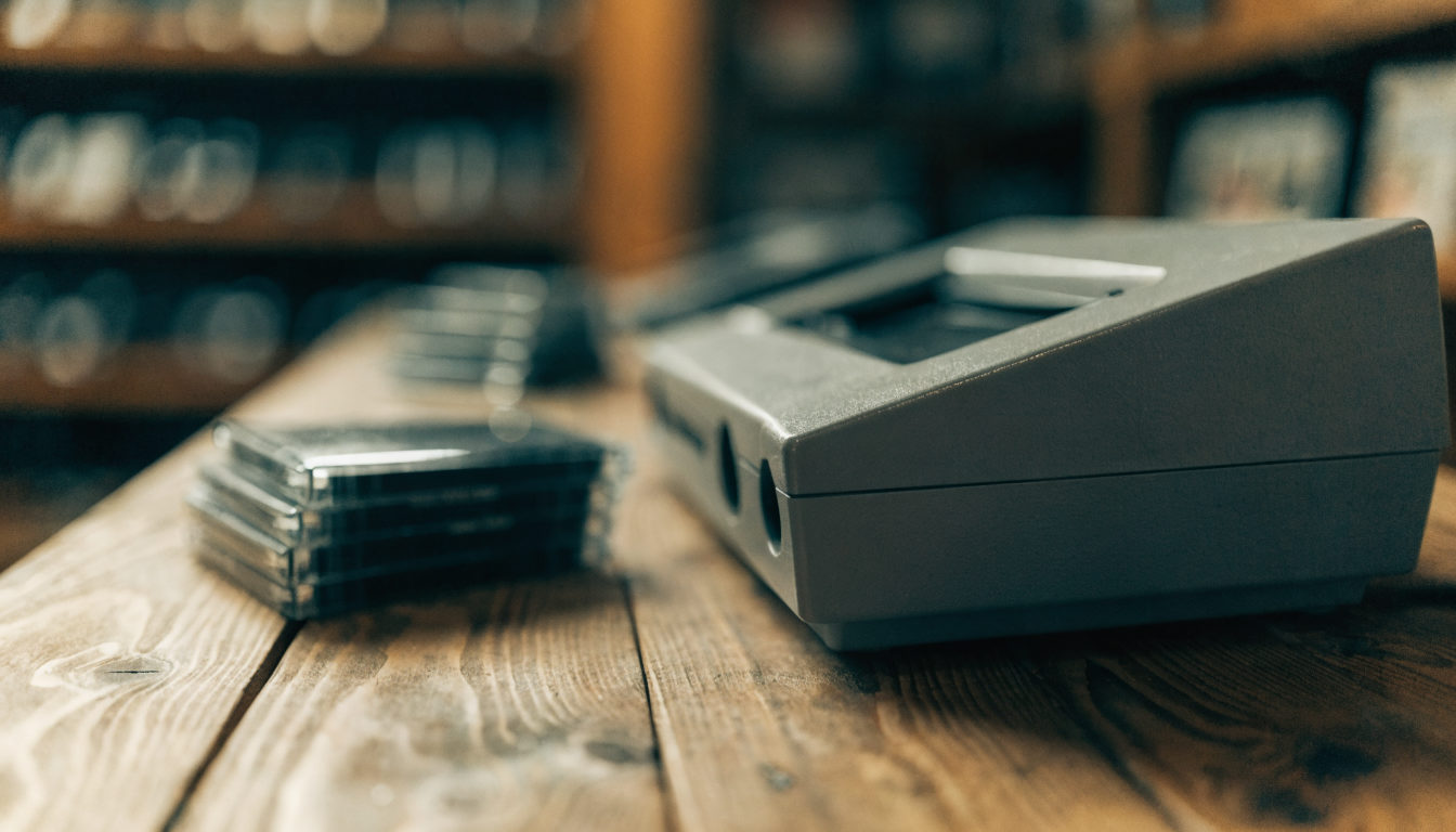 Vintage-Spielkonsole und Cartridges auf einem warmen Holztisch im Laden-Licht