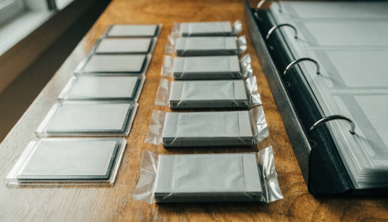 Anonyme Cartridges in klaren Sleeves und ein offenes Sammelalbum auf einem Holztisch