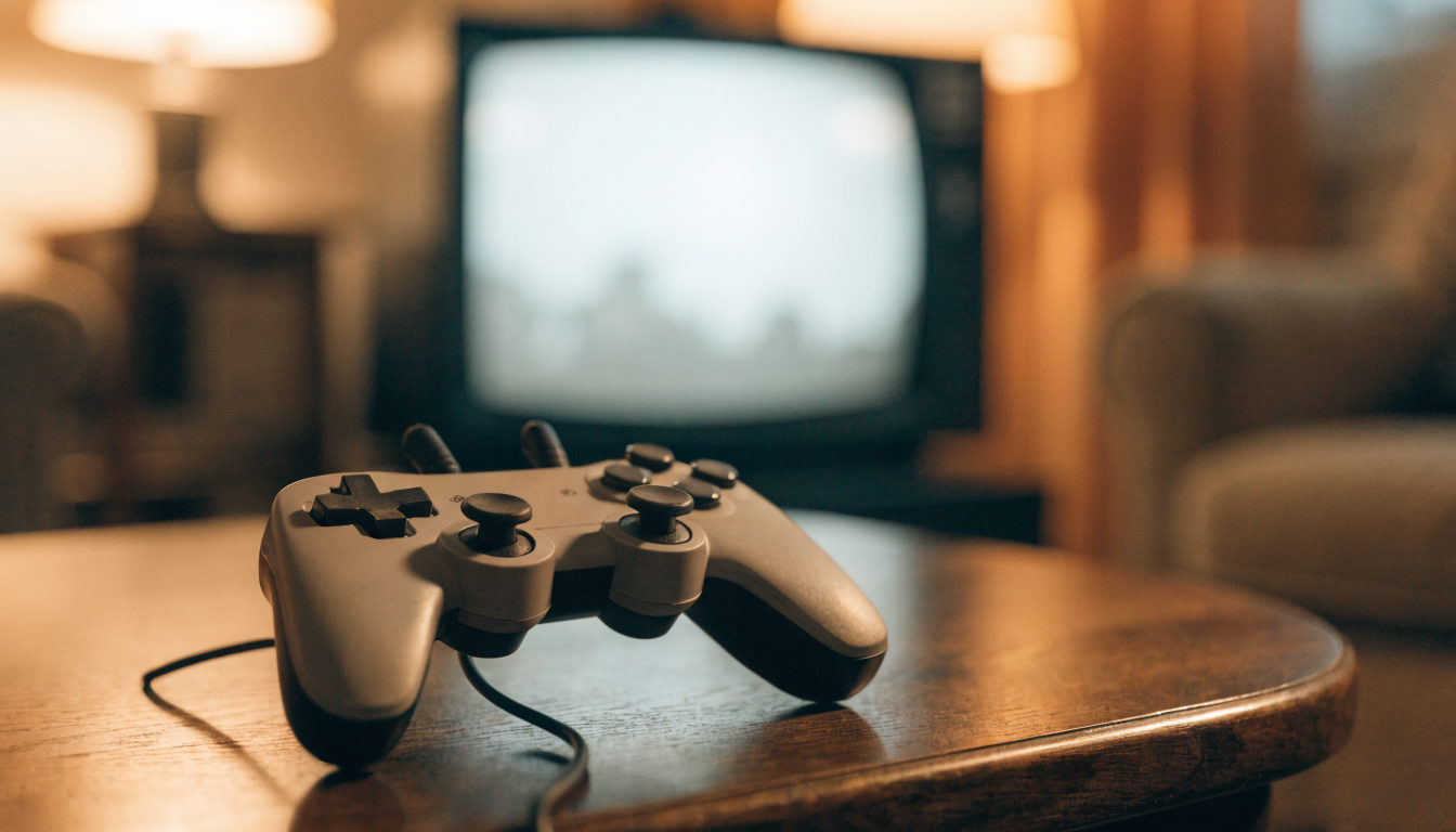 Vintage-Controller vor einem CRT-Fernseher in warmem Wohnzimmerlicht