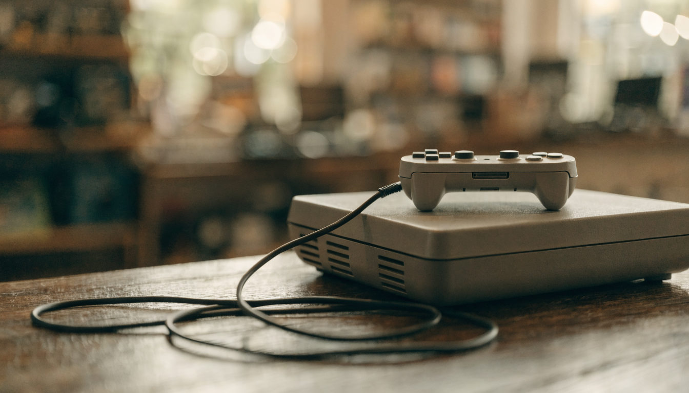 Eine ungebrandete Vintage-Spielkonsole mit Controller auf einem Holztisch in warmem Ladenlicht