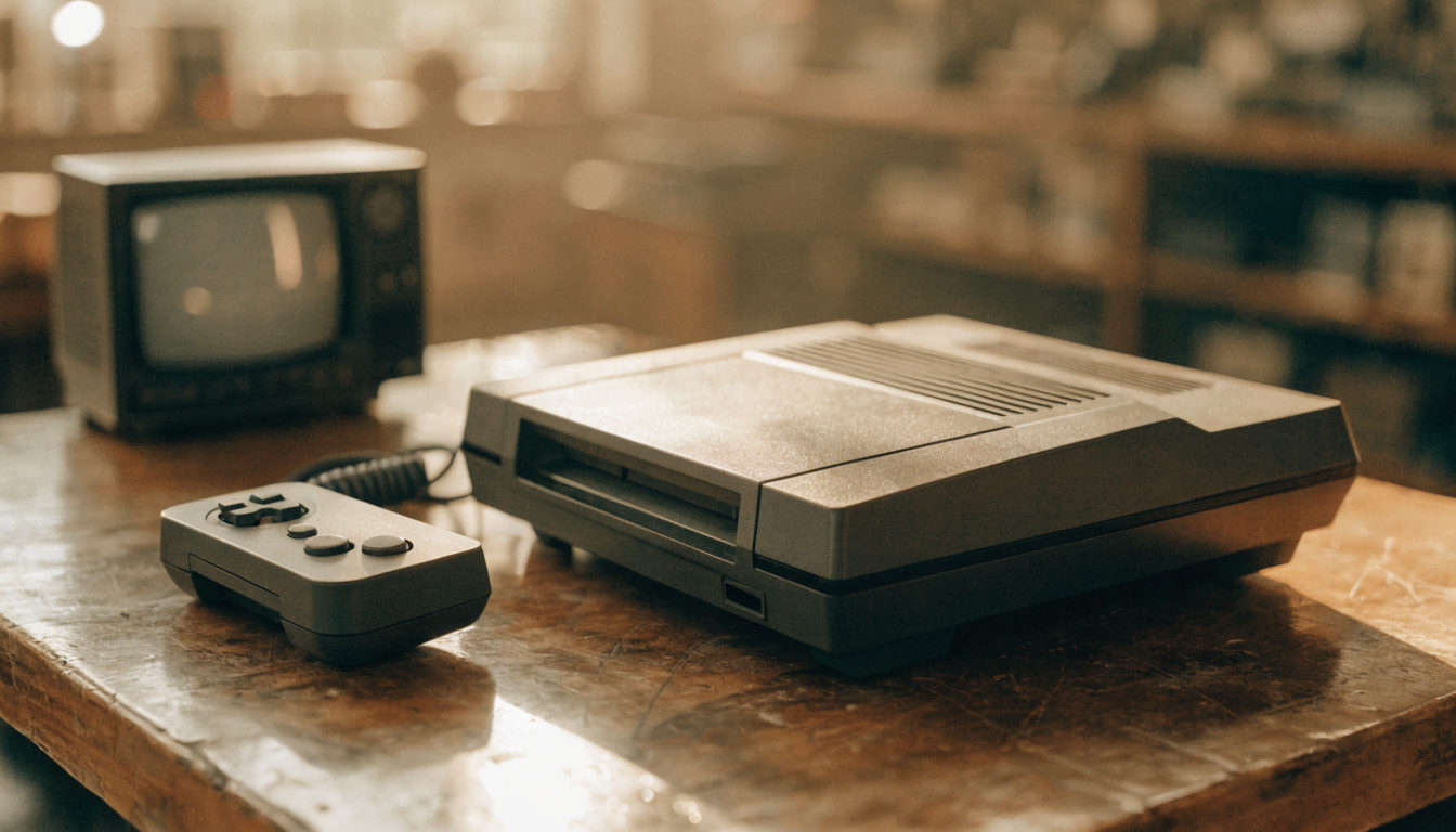 Vintage 16-Bit-Spielkonsole mit Controller auf einem warm beleuchteten Holztisch